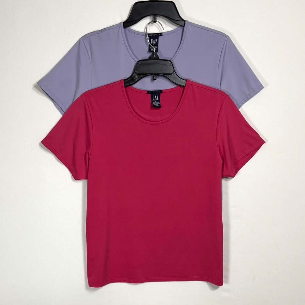 LOT 2 Y2K Gap Stretch Baby Tee T Shirt Size L Fitted Cap Sleeve Pink Purple VTG